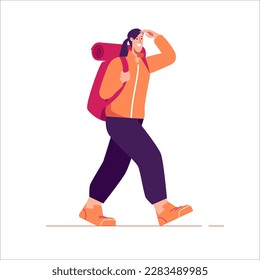 Vector illustration of a walking woman traveler hiker with backpack looking far away.