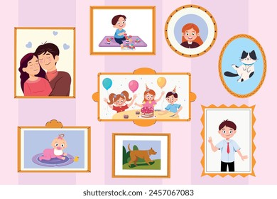 Vector illustration of a wall with family photos. Cartoon scenes of cute photos in a frame: hugs of lovers, a baby on a rug, a birthday, a cat, a dog, a girl and a boy, a child makes a constructor.