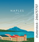 Vector illustration. Wall poster, banner, postcard, cover. Italy Naples. Tourism, travel, recreation. Modern design. Vertical poster.