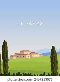 Vector illustration. Wall poster, banner, postcard, cover. Le Gers Pyrenees. Poster design. Tourism, travel. Modern design.