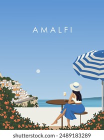 Vektorillustration. Wandposter, Banner, Postkarte, Umschlag, Verpackungsdesign. Amalfi. Sommercafé. Das Mädchen trinkt einen Cocktail. Modernes Design. Fahrten.