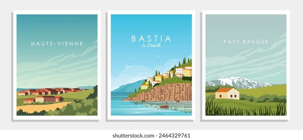 Vector illustration. Wall posters set, collection. Summer nature, landscapes. Tourism. trips. Vertical posters, banners, cards.