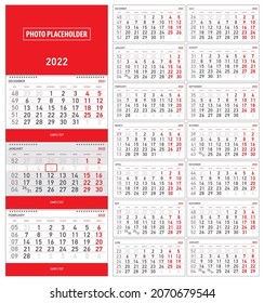 Vector illustration, wall quarterly calendar 2022 with week numbers, start from monday