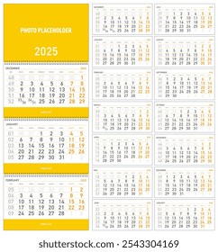 ilustração vetorial, calendário trimestral de parede 2025 com números de semana começando na segunda-feira