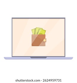 Vector illustration of a wallet with cash on a laptop screen, symbolizing online finance