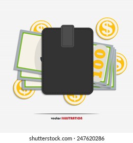 Vector illustration of wallet with dollars and gold coins for your design