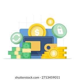 Ilustração vetorial de uma carteira preenchida com notas, simbolizando pagamentos em dinheiro, orçamento pessoal, segurança financeira e gestão de dinheiro.