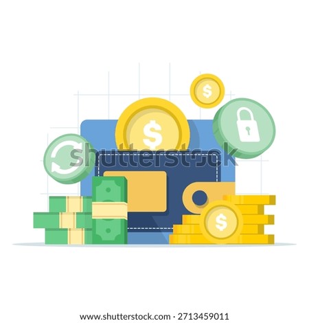 Vector illustration of a wallet filled with banknotes, symbolizing cash payments, personal budget, financial security, and money management.