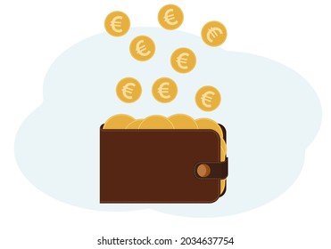 Ilustración vectorial de una cartera llena de monedas con la imagen del euro