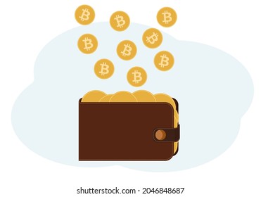 Ilustración vectorial de una cartera llena de monedas con la imagen de criptodivisa