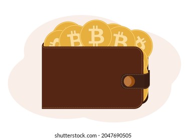 Vector illustration of a wallet full of coins with the image of cryptocurrency