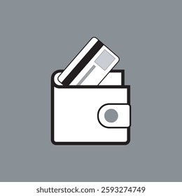  A vector illustration of a wallet icon with a credit card, designed in a clean and modern style. The wallet should have a sleek, minimalistic appearance with a visible flap or stitching details