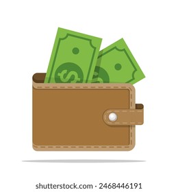 Vector illustration wallet isolated on white background, Vector Money Wallet with green cash dollars.