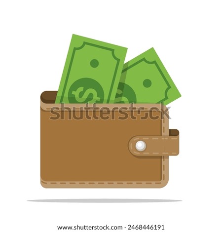 Vector illustration wallet isolated on white background, Vector Money Wallet with green cash dollars.