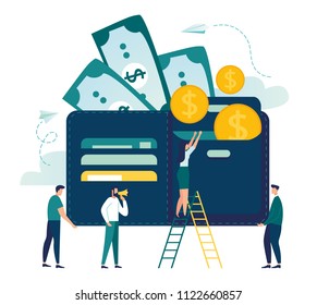 Vector illustration, wallet with money dollar bill, concept of online payments, open purse with coins