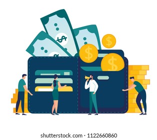 Vector illustration, wallet with money dollar bill, concept of online payments, open purse with coins