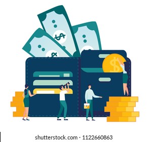 Vector illustration, wallet with money dollar bill, concept of online payments, open purse with coins