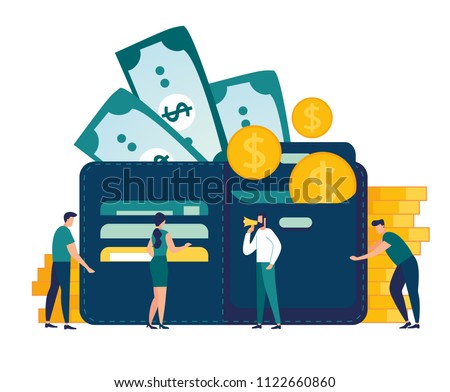 Vector illustration, wallet with money dollar bill, concept of online payments, open purse with coins