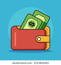 Ilustração vetorial de uma carteira com dinheiro dentro. Ideal para temas financeiros, conceitos de pagamento on-line, poupança, bancos e projetos relacionados aos negócios.