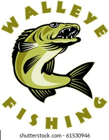 vector illustration of a Walleye fish jumping isolated on white with words " walleye Fishing"