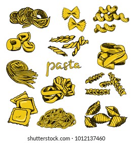 Vector illustration, wallpaper, backdrop. Vintage hand drawn sketch. Collection of pasta, macaroni