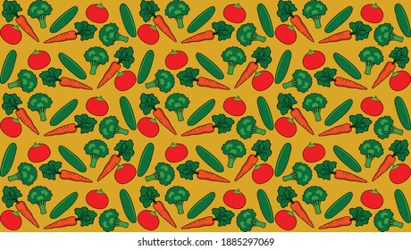 Vector Illustration of Wallpaper Design with Vegetable Motif such as: Tomato, Carrot, Broccoli and Cucumber on Golden Yellow Background