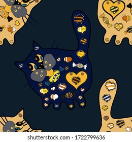 Vector illustration. Wallpaper and fabric design and decor. Seamless pattern of doodles cats on blue, black and beige colors. Animal silhouette. Simple feminine pattern for print, card, invitation.