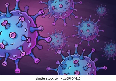 Vector illustration. Wallpaper with macro image of coronavirus cells from Chine. Virus cause respiratory infection 2019-nCoV. Global world epidemic. Deadly corona bacteria. Background contour graphic