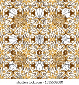 Vector illustration. For wallpaper, presentation, design, textiles. Seamless vector image of the elements in gold color on background.