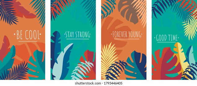 Ilustración vectorial fondo de pantalla conjunto de verano con hojas y plantas tropicales en diseño plano con texto para historias