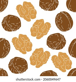 Vector illustration of walnuts on a white brown beige background for wallpaper cover print