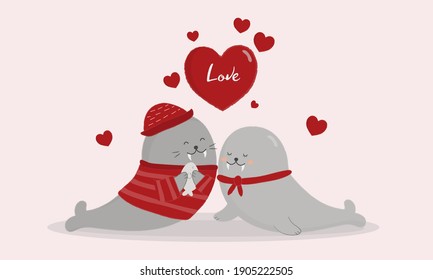 vector illustration of walrus animals. two walrus animal getting closer to each other. flat design walrus. Odobusus rosmarus. animal wallpaper