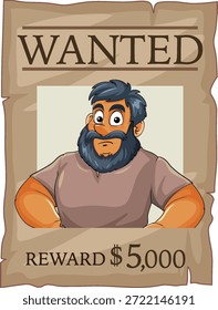 Ilustración vectorial de cartel buscado con hombre barbudo de dibujos animados, líneas audaces, paleta marrón apagado