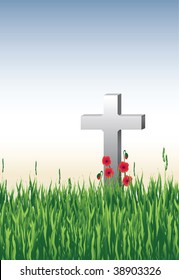 Vector illustration of a war grave in long grass with poppies.