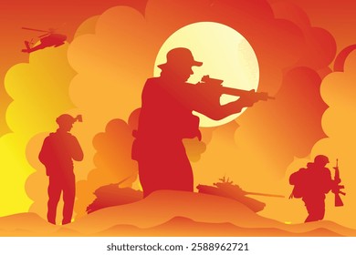 Vector illustration of war with lots of bomb explosions. Silhouettes of soldiers and armored tanks fighting amidst lots of bomb explosions and high smoke