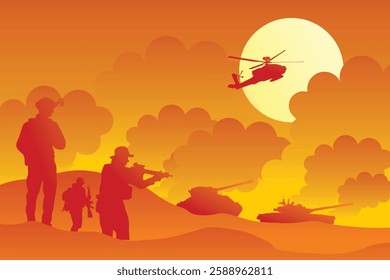 Vector illustration of war with lots of bomb explosions. Silhouettes of soldiers fighting amidst lots of bomb explosions and high smoke
