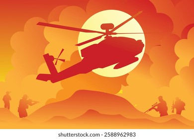 Vector illustration of war with lots of bomb explosions. Silhouettes of soldiers and war helicopters amidst lots of bomb explosions and high smoke