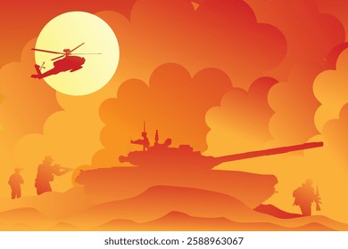 Vector illustration of war with lots of bomb explosions. Silhouettes of soldiers and armored tanks fighting amidst lots of bomb explosions and high smoke