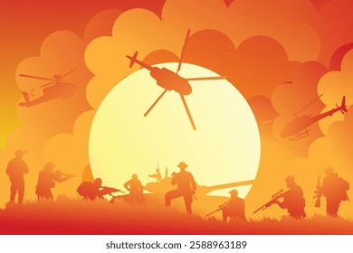 Vector illustration of war with lots of bomb explosions. Silhouettes of soldiers and war helicopters amidst lots of bomb explosions and high smoke