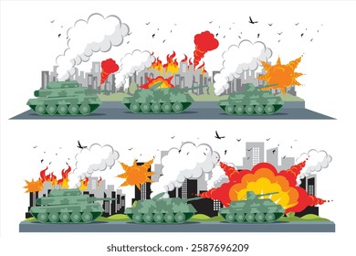 Vector illustration of war. Illustration of urban warfare with lots of guns, tanks, big explosions, exploding bombs and lots of smoke. Military aggression in the city