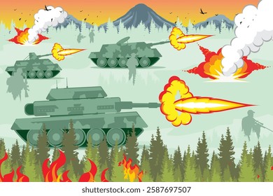 Vector illustration of war. Illustration of warfare in the forest with lots of guns, tanks, big explosions, exploding bombs and lots of smoke with a forest and mountain background