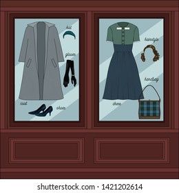 vector illustration of a woman’s wardrobe of the 50s of the 19th century, clothes, image, showcase of a clothing store in a building with moldings, architecture