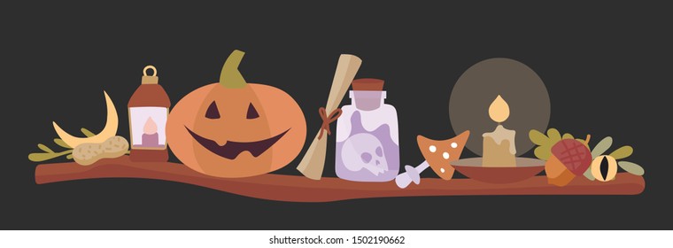 Vector illustration of wardrobe with pumpkin, lantern, poison, witch objects for Halloween.