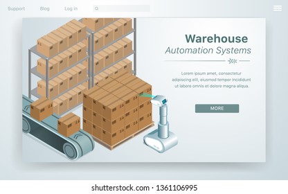 Vector Illustration Warehouse Automation System. Robot with Scanner Machine Panel Shield Bar Code from Box and Determines where to Send or Put Stock. Automated Conveyor Line for Loading Boxes.