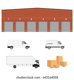 Vector illustration warehouse cargo delivery with six doors. Storage building. Cargo truck, two minivan and  pile of cardboard boxes.Delivery transport set, collection. Delivery service icon.