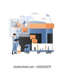 Vector illustration of warehouse, delivery truck, parcels, worker, statistics bar graphs and charts. Delivery logistics shipping transportation concepts for web banner, website page, presentation etc.