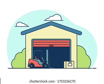 Vector illustration: warehouse. Forklift with boxes. Outline style.