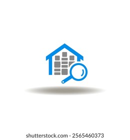 Vector illustration of warehouse with goods boxes and magnifier. Icon of customs. Symbol of warehouse management. Pictogram of goods and products storage inventory, stocktaking.