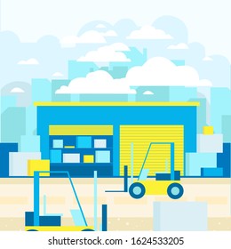Vector illustration of a warehouse with goods and a forklift.