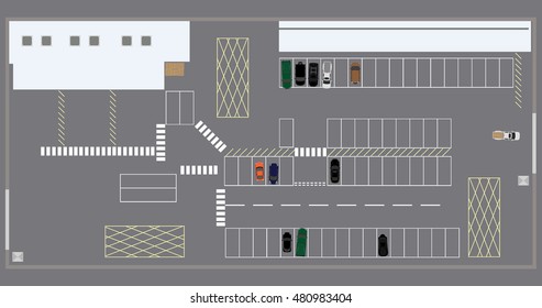 Vector illustration warehouse, logistic center top view. Warehouse concept with top view cars and buildings.